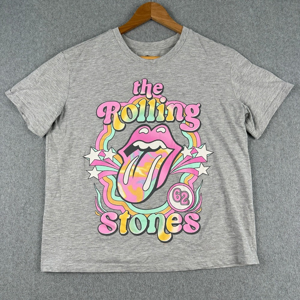 The Rolling Stones T-Shirt Womens Large Gray Graphic Tongue Logo Short